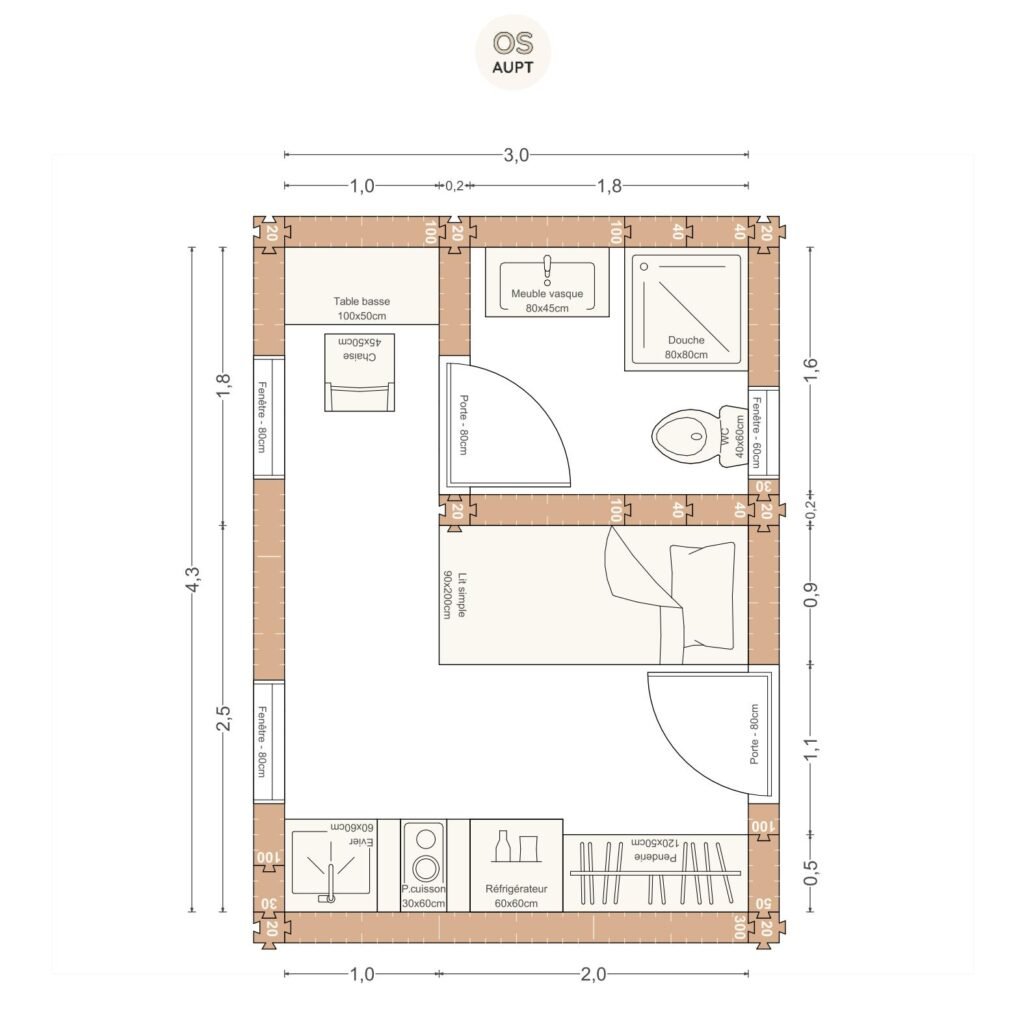 Plan studio 13m2 3. 0 x 4. 3 m