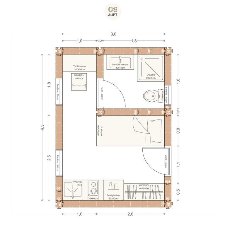 Plan studio 13m2 3. 0 x 4. 3 m