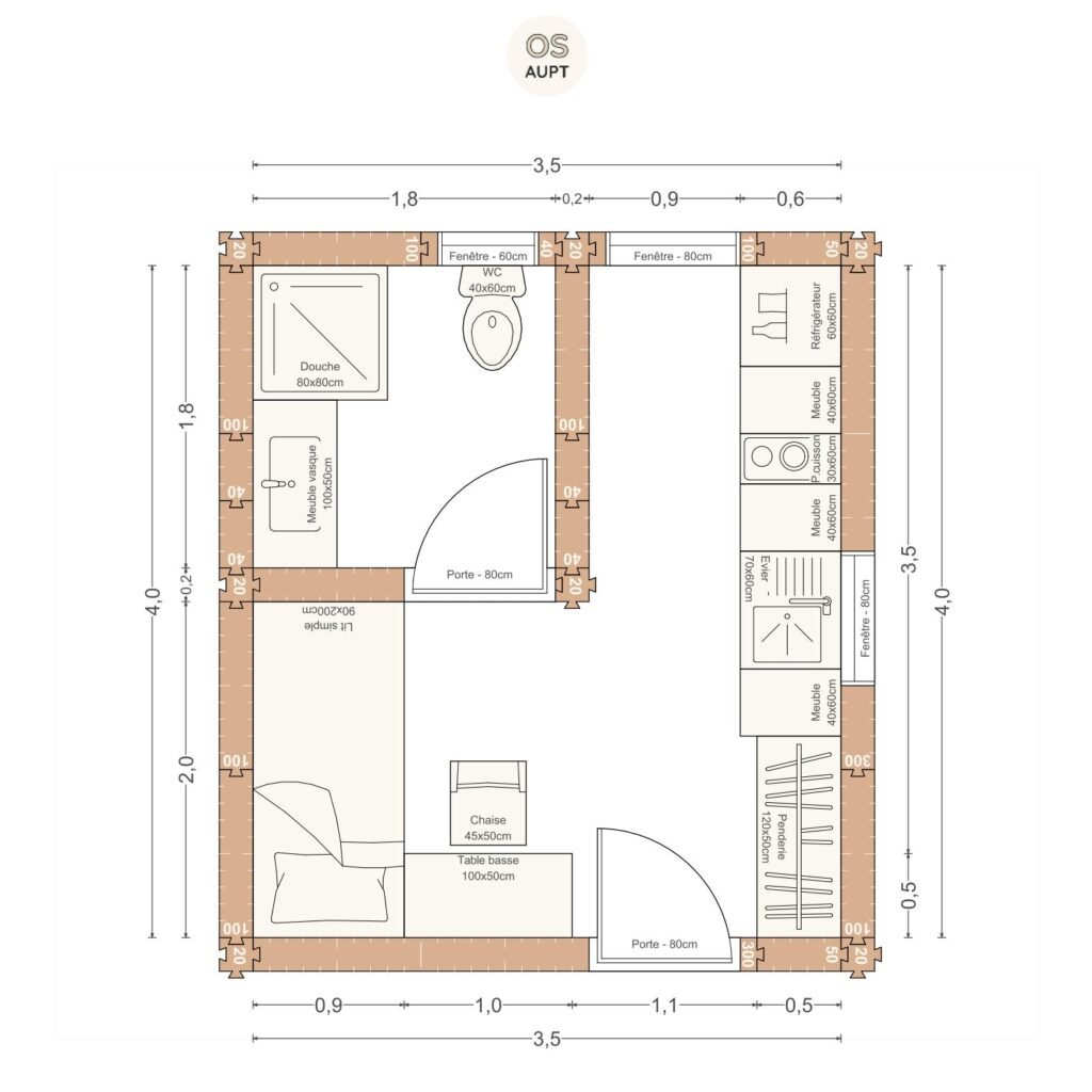 Plan studio 14m2 3. 5 x 4. 0 m