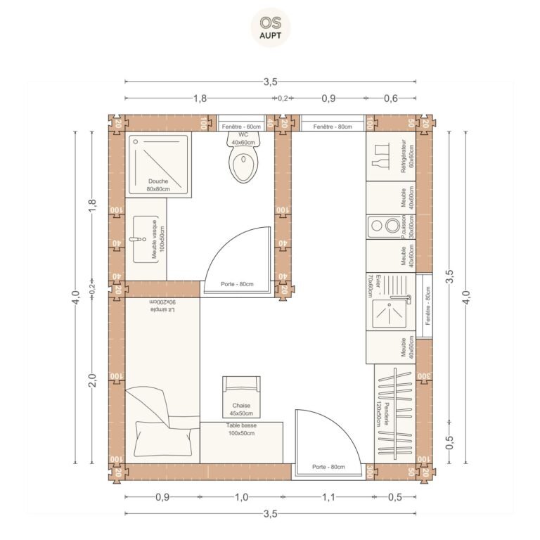 Plan studio 14m2 3. 5 x 4. 0 m