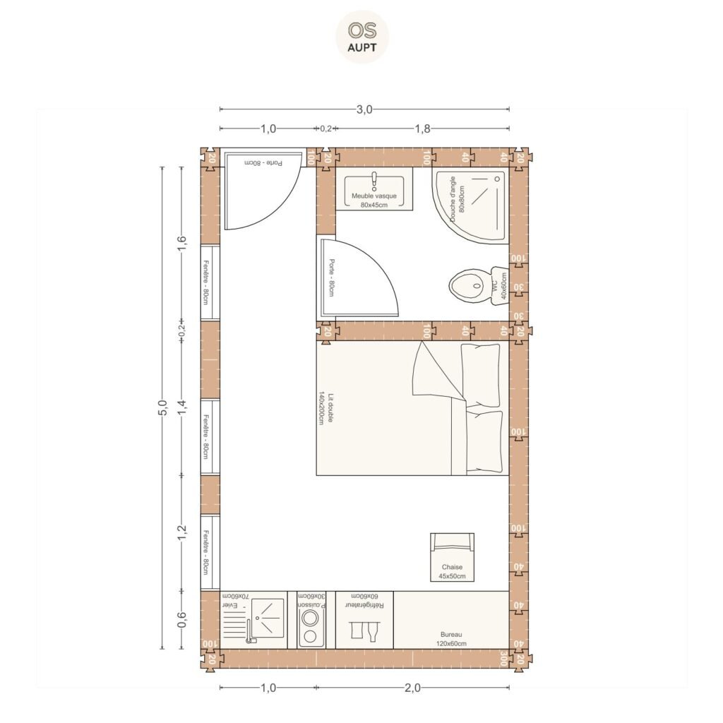 Plan studio 15m2 3. 0 x 5. 0 m