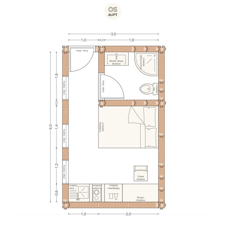 Plan studio 15m2 3. 0 x 5. 0 m