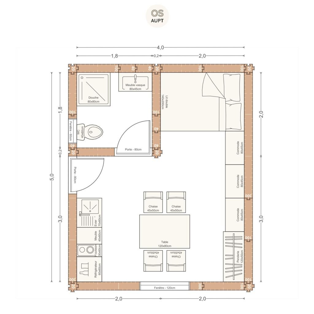 Plan studio 20m2 4. 0 x 5. 0 m