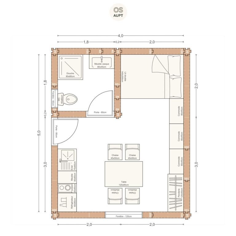 Plan studio 20m2 4. 0 x 5. 0 m