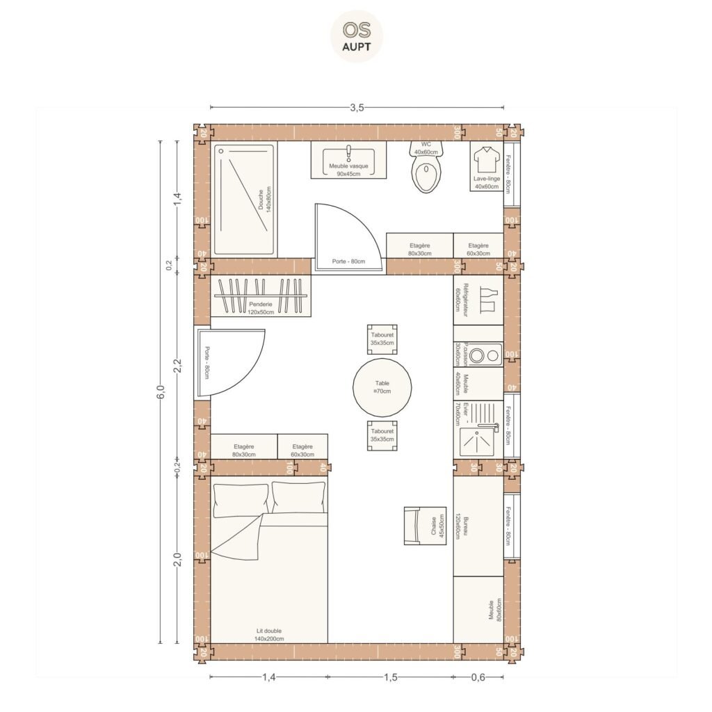 Plan studio 21m2 3. 5 x 6. 0 m
