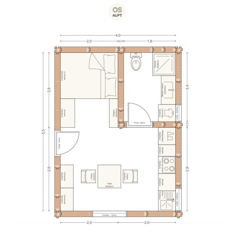 Plan studio 22m2 4. 0 x 5. 5 m