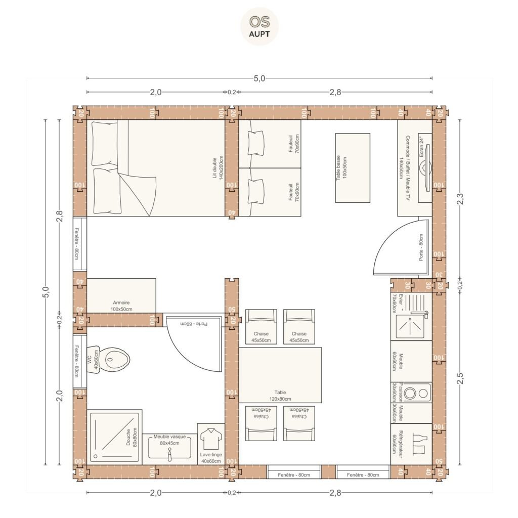 Plan studio 25m2 5. 0 x 5. 0 m
