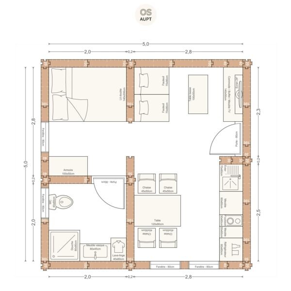 Plan studio 25m2 5. 0 x 5. 0 m