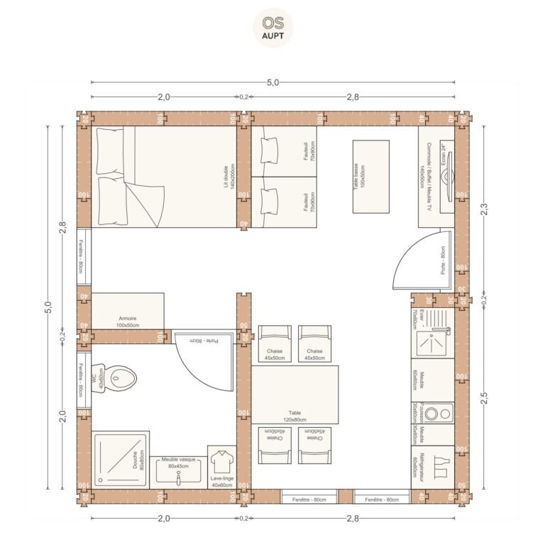 Plan studio 25m2 5. 0 x 5. 0 m