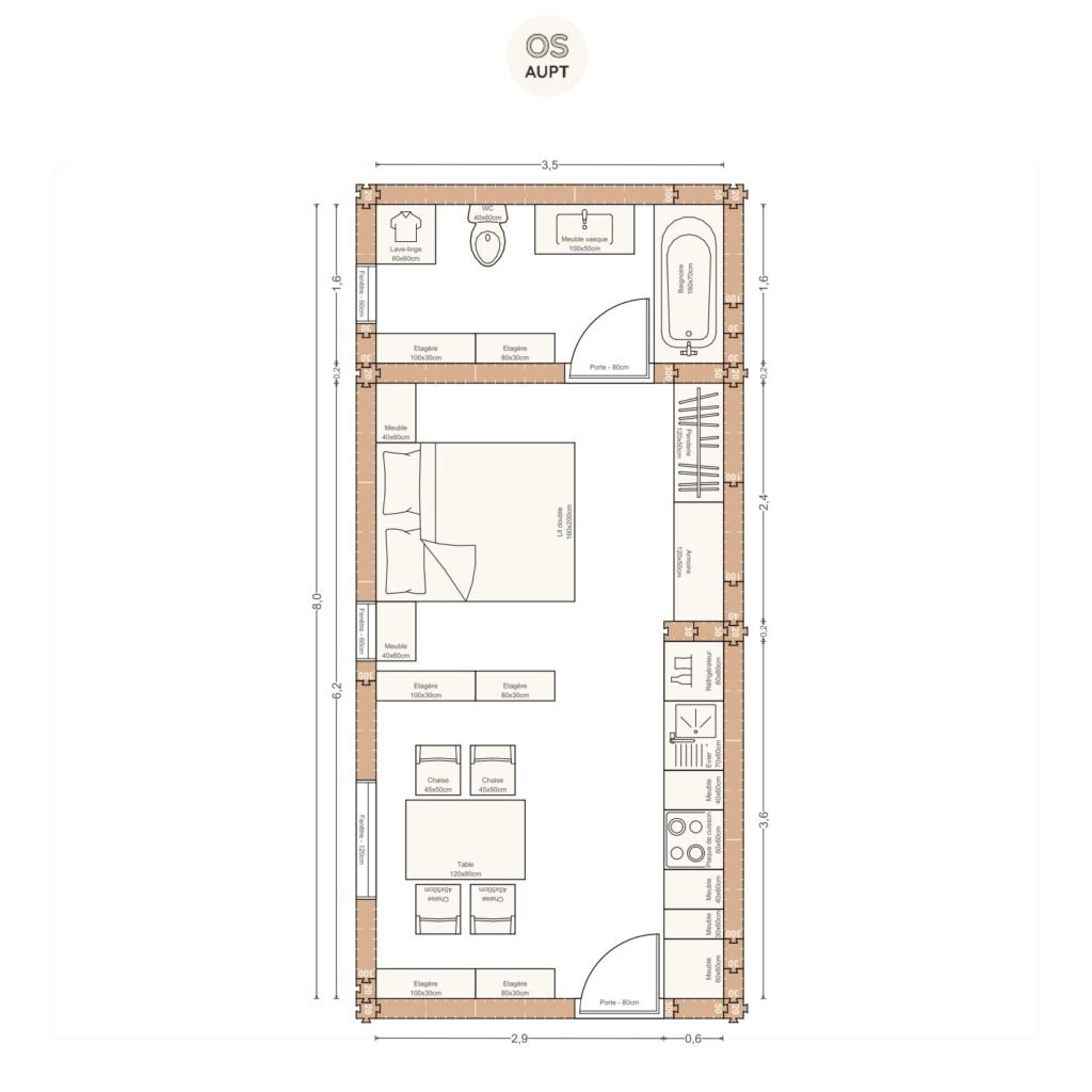 Plan studio 28m2 3. 5 x 8. 0 m