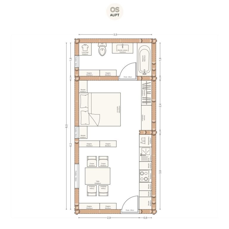 Plan studio 28m2 3. 5 x 8. 0 m