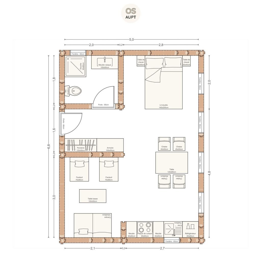 Plan studio 34m2 5. 0 x 6. 8 m