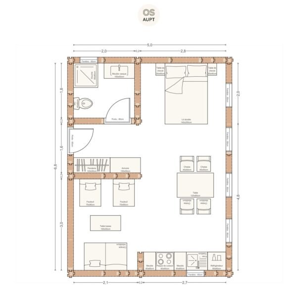 Plan studio 34m2 5. 0 x 6. 8 m