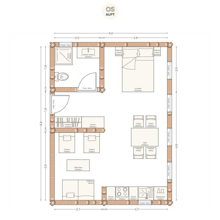 Plan studio 34m2 5. 0 x 6. 8 m
