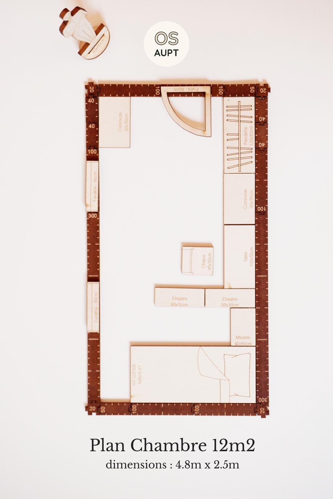 plan chambre 12m2 avec lit simple en linéaire