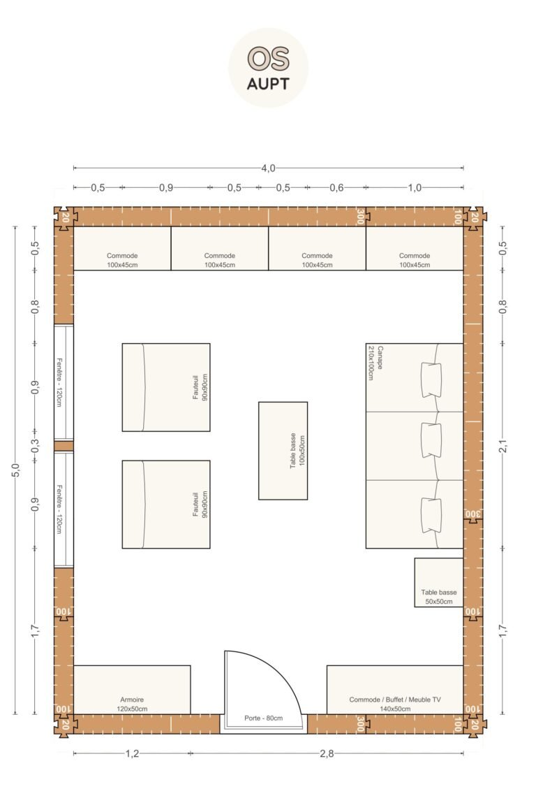 Plan salon 20m2 avec canape et fauteuils face a face 4. 0 x 5. 0 m 1
