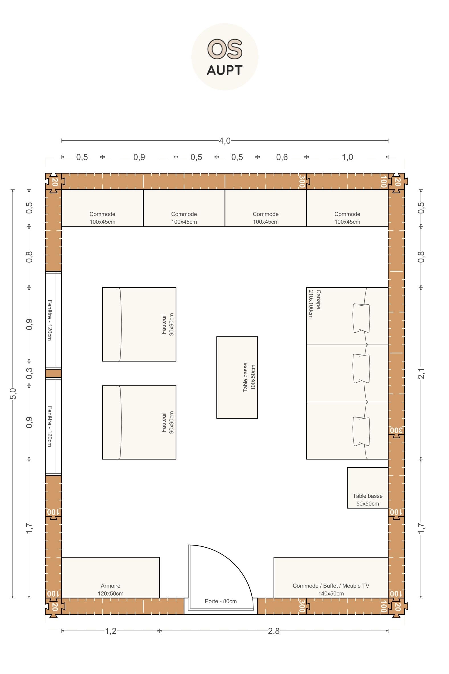 Plan salon 20m2 avec canape et fauteuils face a face 4. 0 x 5. 0 m 1