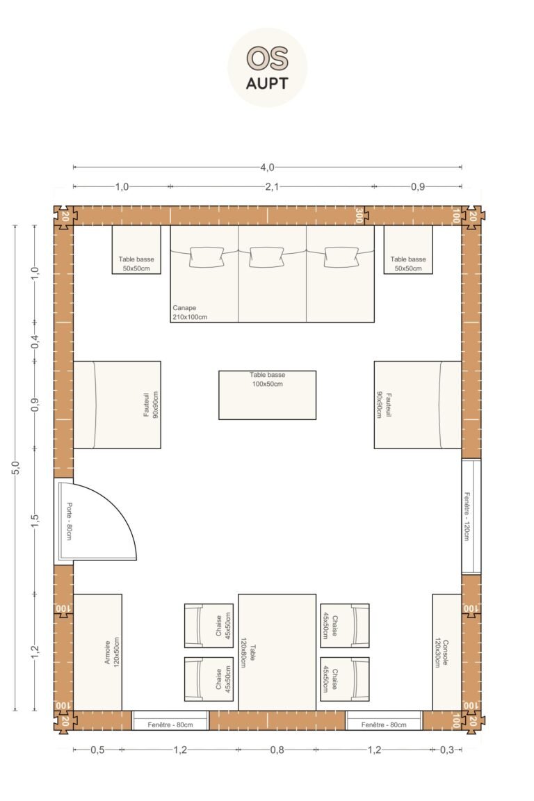 Plan salon 20m2 avec salle a manger 4 places 4. 0 x 5. 0 m 1