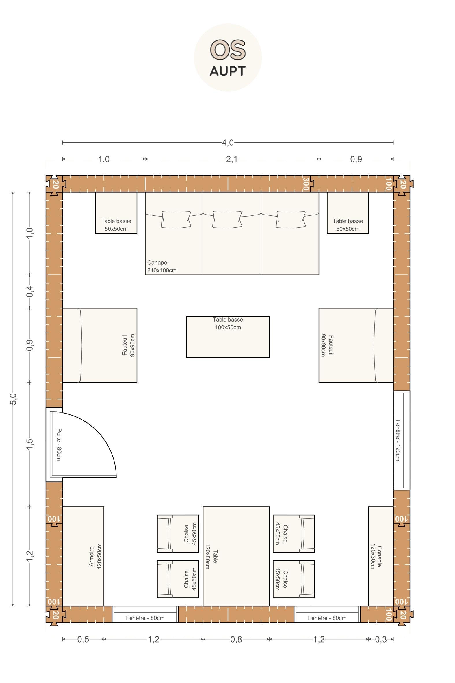 Plan salon 20m2 avec salle a manger 4 places 4. 0 x 5. 0 m 1