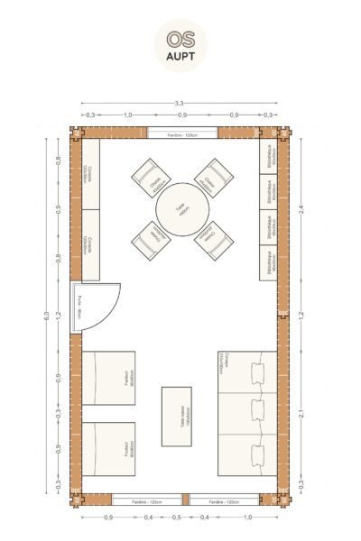 Plan salon 20m2 avec table ronde et bibliotheque 3. 3 x 6. 0 m 1