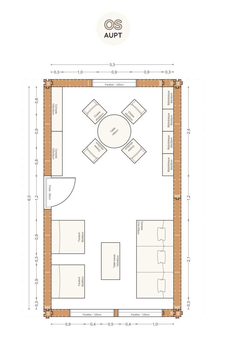 Plan salon 20m2 avec table ronde et bibliotheque 3. 3 x 6. 0 m 1