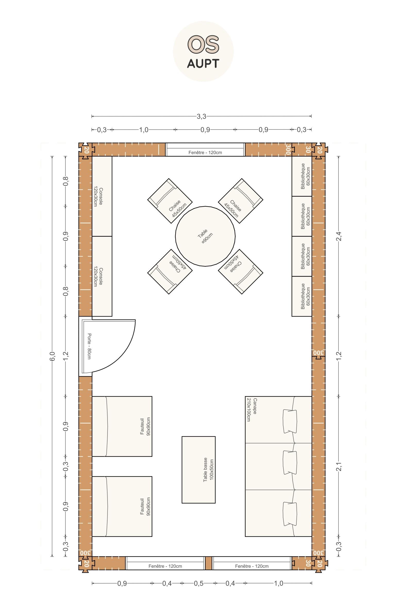 Plan salon 20m2 avec table ronde et bibliotheque 3. 3 x 6. 0 m 1