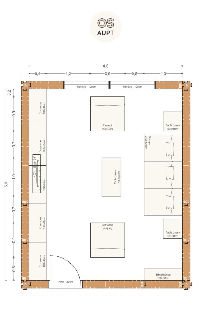 Plan salon 20m2 avec tv et rangements lineaires 4. 0 x 5. 0 m 1