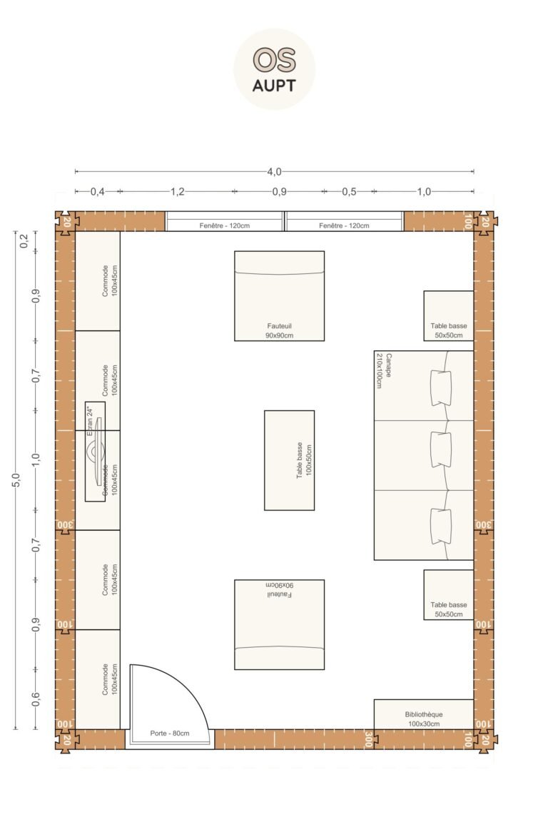 Plan salon 20m2 avec tv et rangements lineaires 4. 0 x 5. 0 m 1