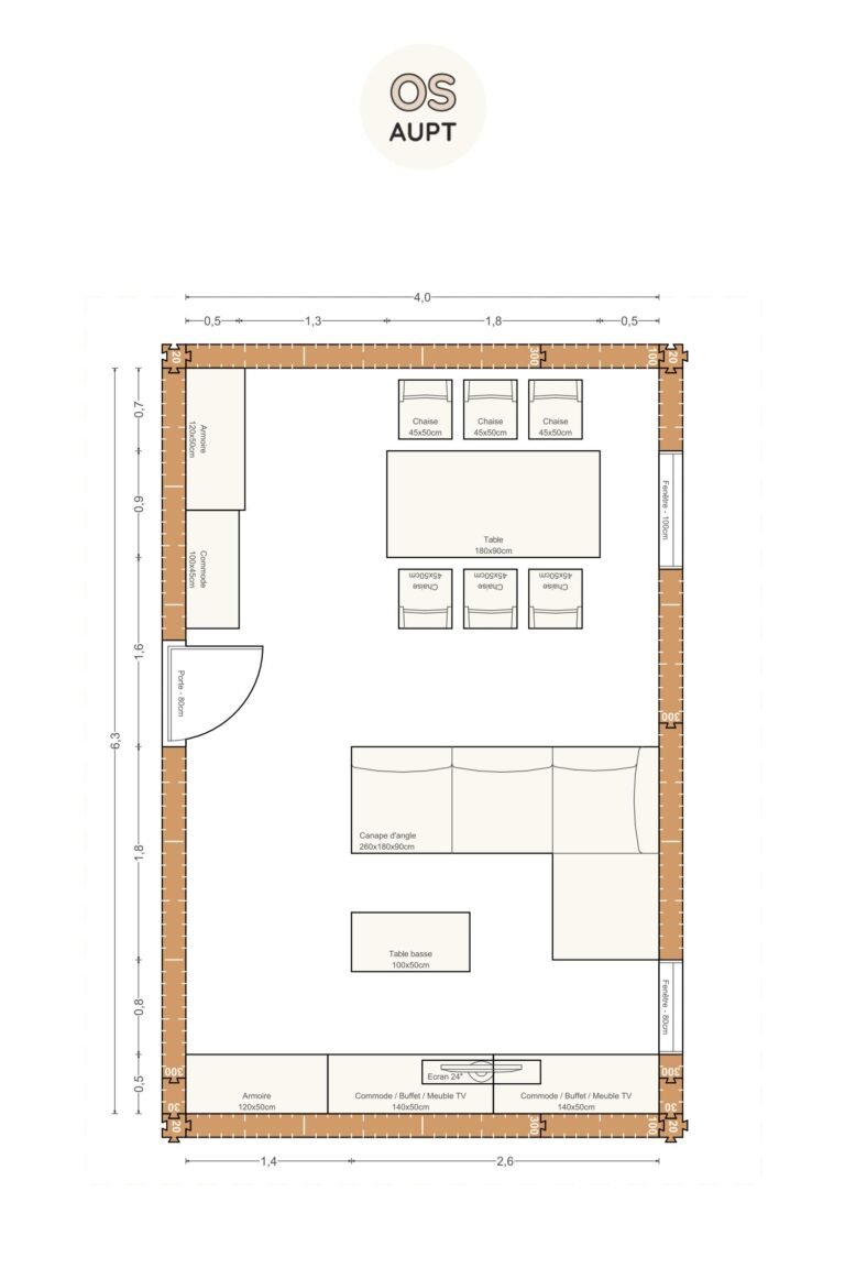 Plan salon 25m2 avec canape dangle et salle a manger 4 x 63 m