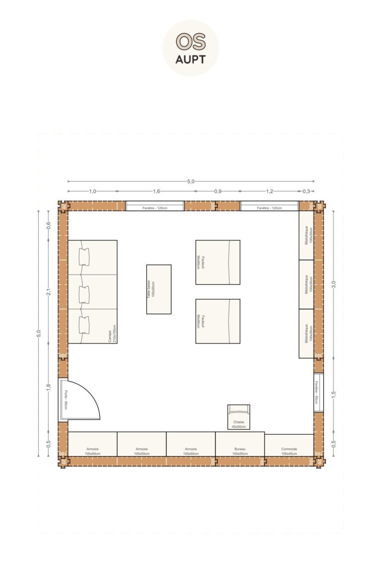 Plan salon 25m2 avec canape fauteuils et bureau 5 x 5 m
