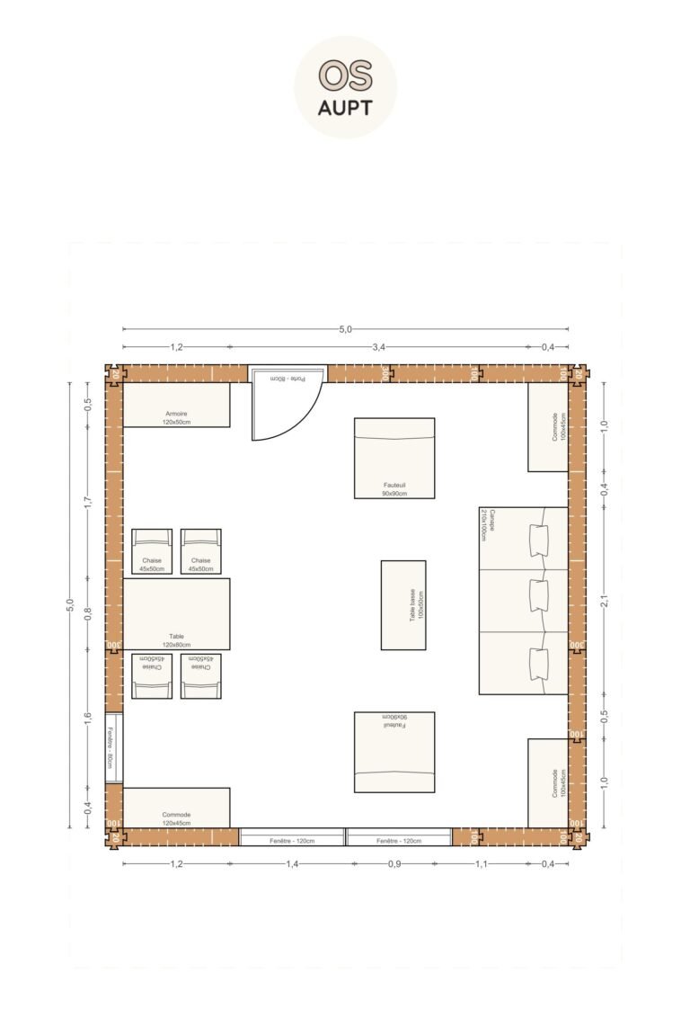 Plan salon 25m2 avec coin repas et fauteuils face a face 5 x 5 m