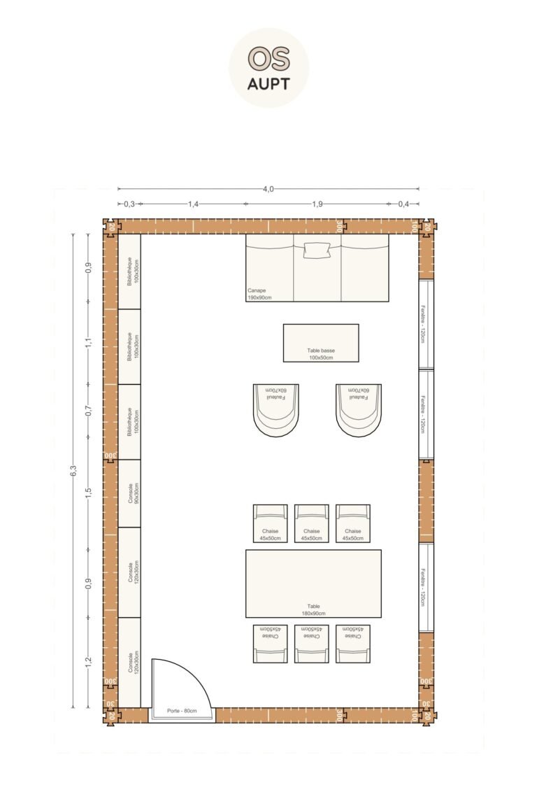 Plan salon 25m2 salle a manger 6 places et bibliotheque 4 x 63 m